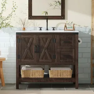 VanAcc 36" Farmhouse Bathroom Vanity with Sink Combo, Wood Barn Door Freestanding Small Single Bath Storage Cabinet Set with Sliding Drawers & Open Shelf, Paper Towel Holder