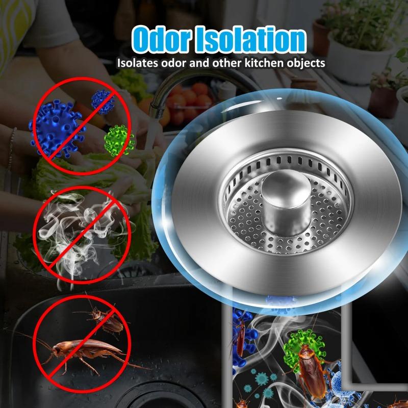 Stainless Steel Kitchen Sink Strainer 3-in-1 Deodorizing Anti-Clogging Basket Strainer for US 3-1/2 Inch Sink Drains