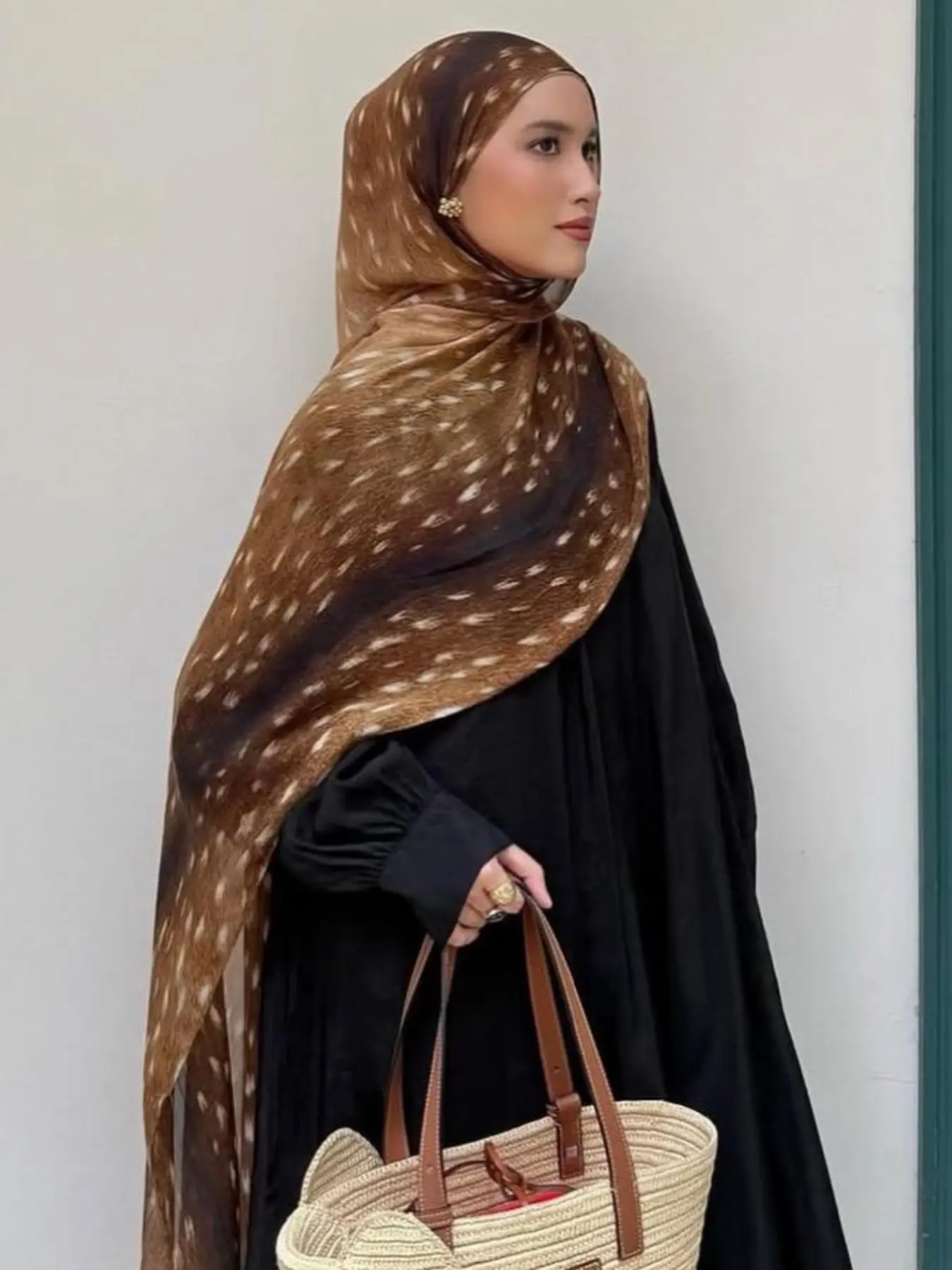 Women's Bohemian Style Ink Deer Pattern Headscarf, Casual Streetwear Accessory, Comfortable and Fashionable Leopard Print Scarf, For Muslim Turban Hijab, Modesty Tignon Scarf