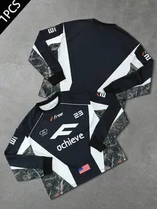 Men's Fall American Racing Style Camo Patchwork Fitted Geometric Long Sleeve Short Shirt, Number 23 Design, Streetwear Cool Look for Daily Wear
