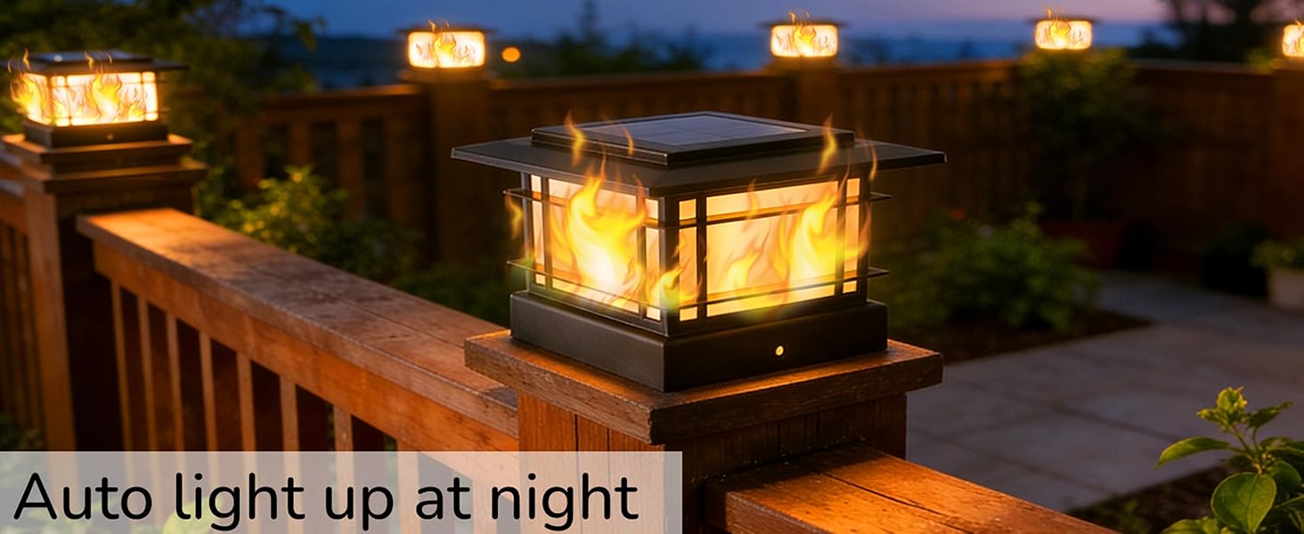 4x4 Solar Post Cap Lights Outdoor with Flickering Flame Light, Black Shell Fence Post Solar Lights Fit 4x4 Vinyl/Wooden Posts, Brightness LED Lighting Decor for Garden Deck Patio, 2 Pack