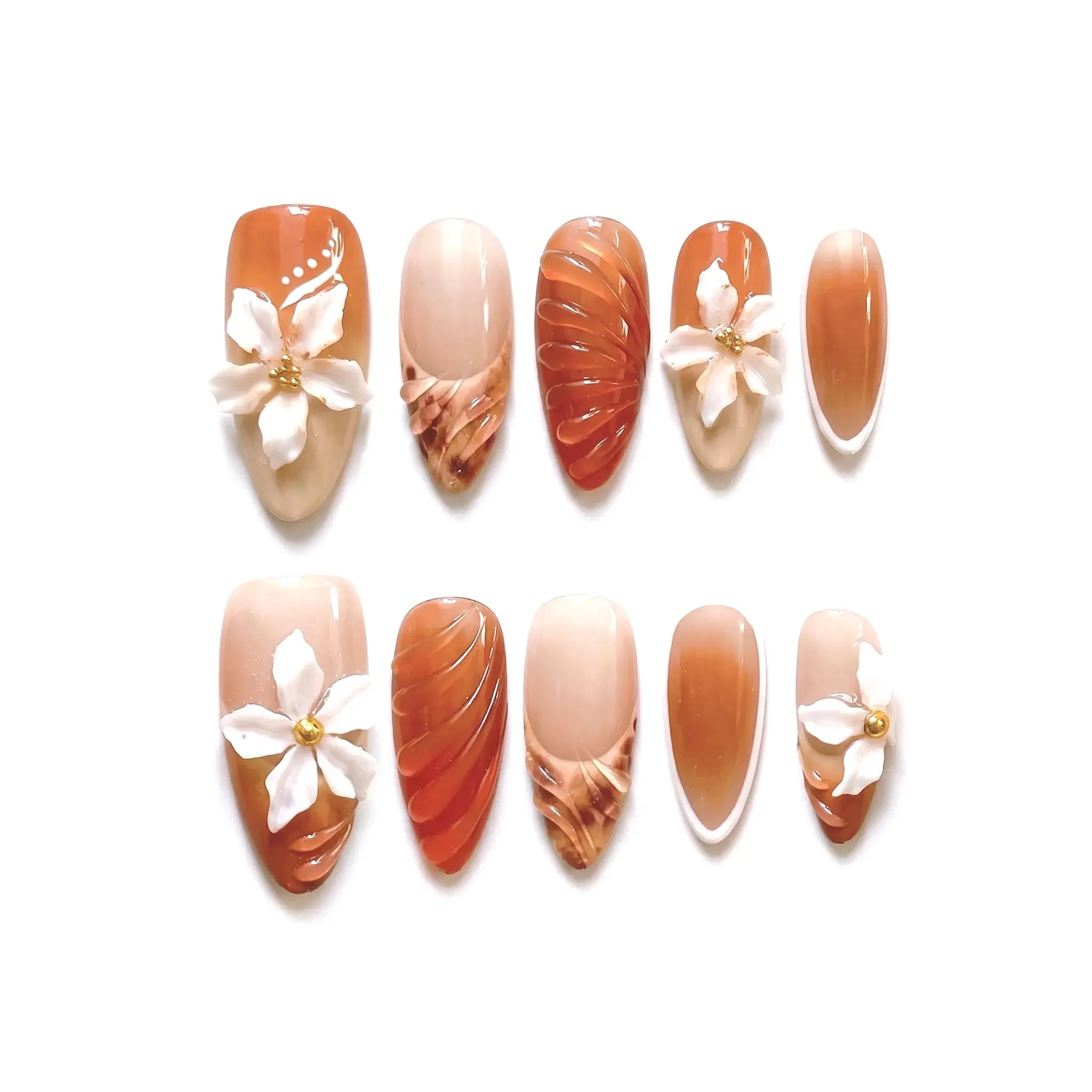 GlossyMuse Fall Luxe Caramel Bloom Press-on Nails – Women's Medium Almond Orange Ombre 3D Floral Art Swirl Full Cover Thick Gel-Cured Reusable Acrylic Glue-on Nails, Autumn Gift (24 Pcs)