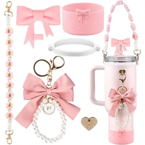 Water Bottle Accessories Set for  Cup,Including Water Bottle Handle Strap, Siliocne Boot, Cute Bow Straw Cover,  Charms, Straw Topper for 40oz & 30oz Tumbler for Women ()