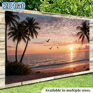 2D Flat Banner Polyester Photography Backdrop, HD Digitally Printed Tropical Beach Sunset Scene with Palm Trees, Ocean, and Flying Birds, Soft Lightweight Foldable Photo Background Cloth for Studio Shooting, Portrait Photography,