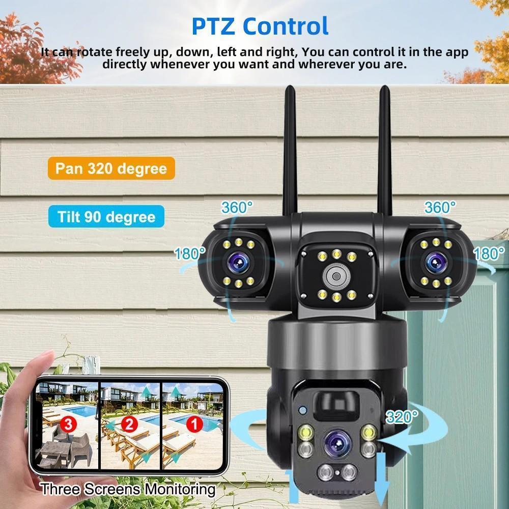 Solar Surveillance Camera 12MP 6K 3 Lens 3 Screens WiFi 4G Outdoor IP PTZ PIR Auto Tracking CCTV Color Night Vision IP66 Camera,for Valentine’s Day Gift