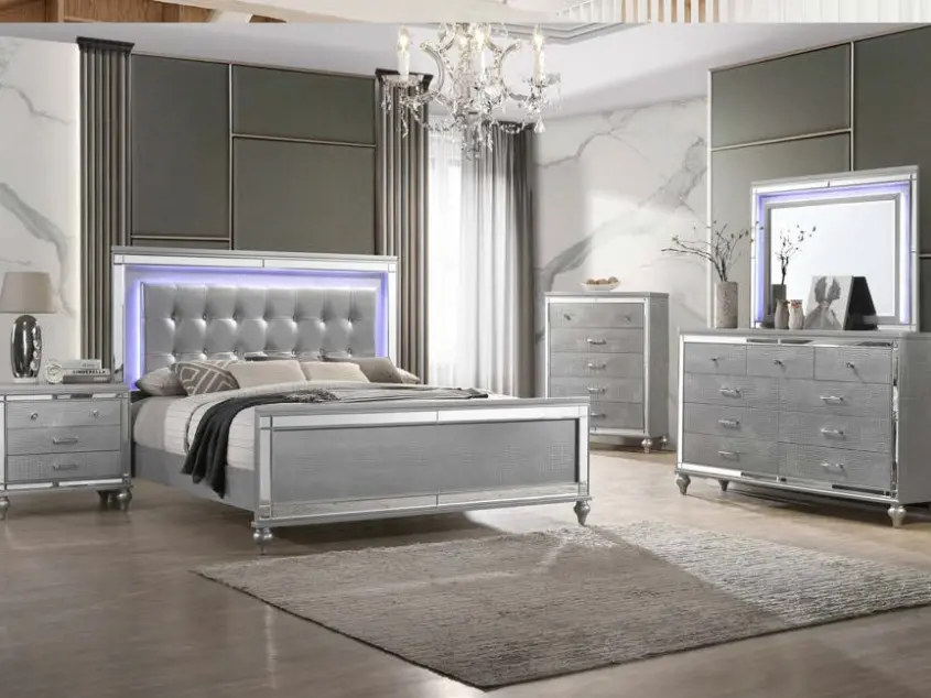 F9644Q-4PC 4 pc Valentino silver finish wood tufted faux leather headboard LED accents queen bed set