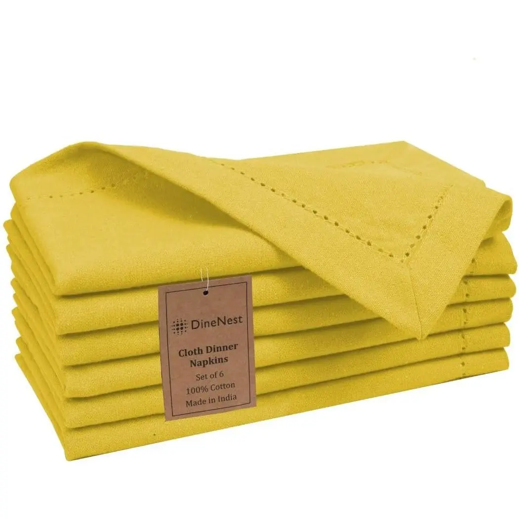 100% Cotton Hemstitch Cloth Napkins Set of 6 - 18x18 in Solid Yellow, Sturdy & Soft Reusable, Elegant for Party & Special Occasions Dining