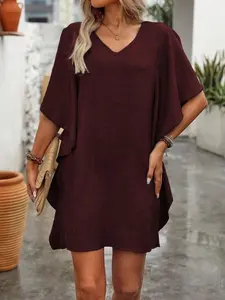 Women's Summer Casual Minimalist Loose-Fitting V-Neck Dress, Pure Color Solid Fashionable Design, Perfect for Daily Wear & Stylish