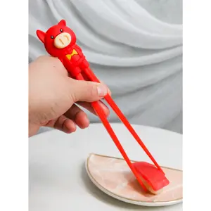 Red Porky Pig Reusable Training Chopsticks Set With Silicone Helper BPA Free