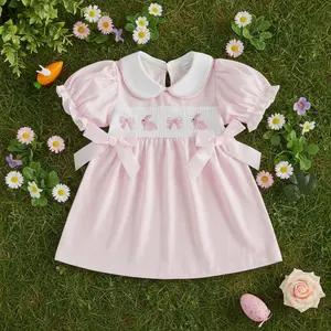 Global Baby Toddler Baby Girl Easter Bunny Print Furry Trim Button Down Long Little Girls Easter Dress Summer Short Sleeve Ruffle Collar Cross Embroidery A-line Dress