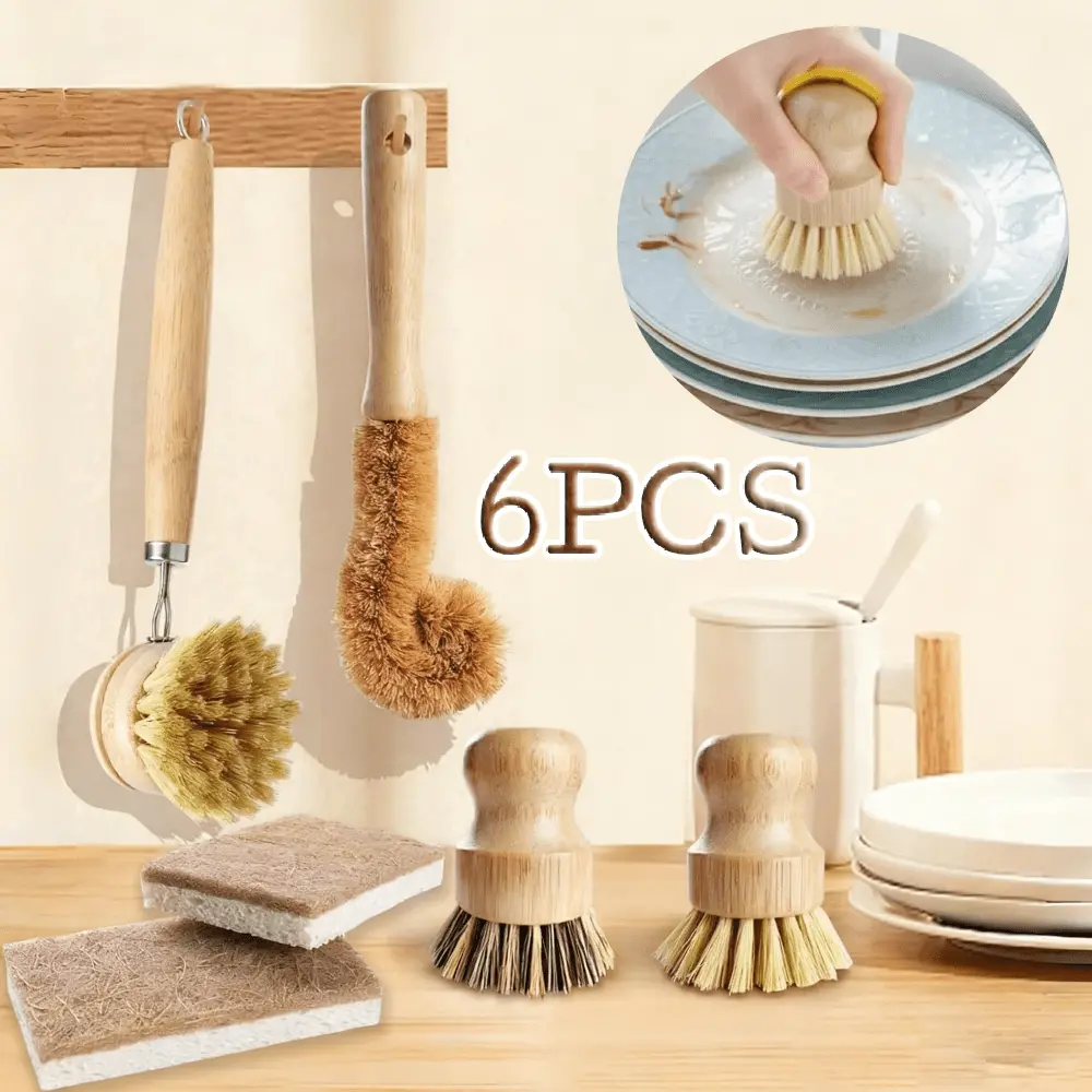 6PCS Bamboo Dish Brush Set Practical Dish Cleaning Brush Set Multifunctional Dish Washing Brush Set Ergonomic Kitchen Brush Set for Kitchen Cleaning Pots Pans Dishes