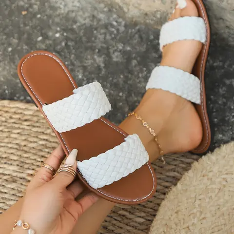 Women's Soft Sole Anti-Slip Open Toe Flat Slippers, Casual Textile Woven Strap Sandals, Comfortable Rubber Sole, Daily Wear Footwear