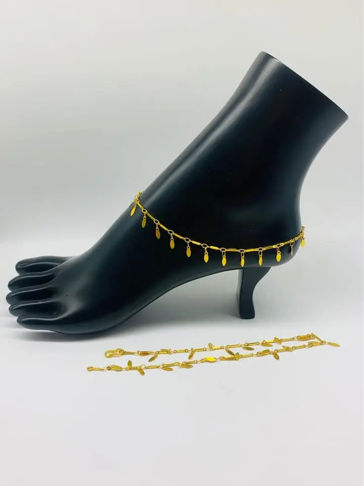Bollywood style gold plated drop leaf anklets