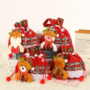 4 Pcs Christmas Gift Doll Bags Reusable Drawstring Fabric Bags for Christmas Eve Party Favors Holiday Wrapping Santa Claus Elk Bear Snowman Design
