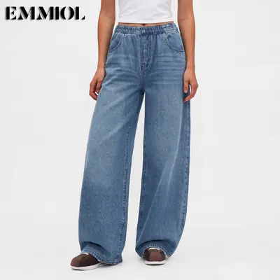 Jeans A Vita Bassissima Asimmetrica E Larga Per Donna – Modello Baggy Straight In Denim Lavato, Colore Blue Scuro, Stile Streetwear