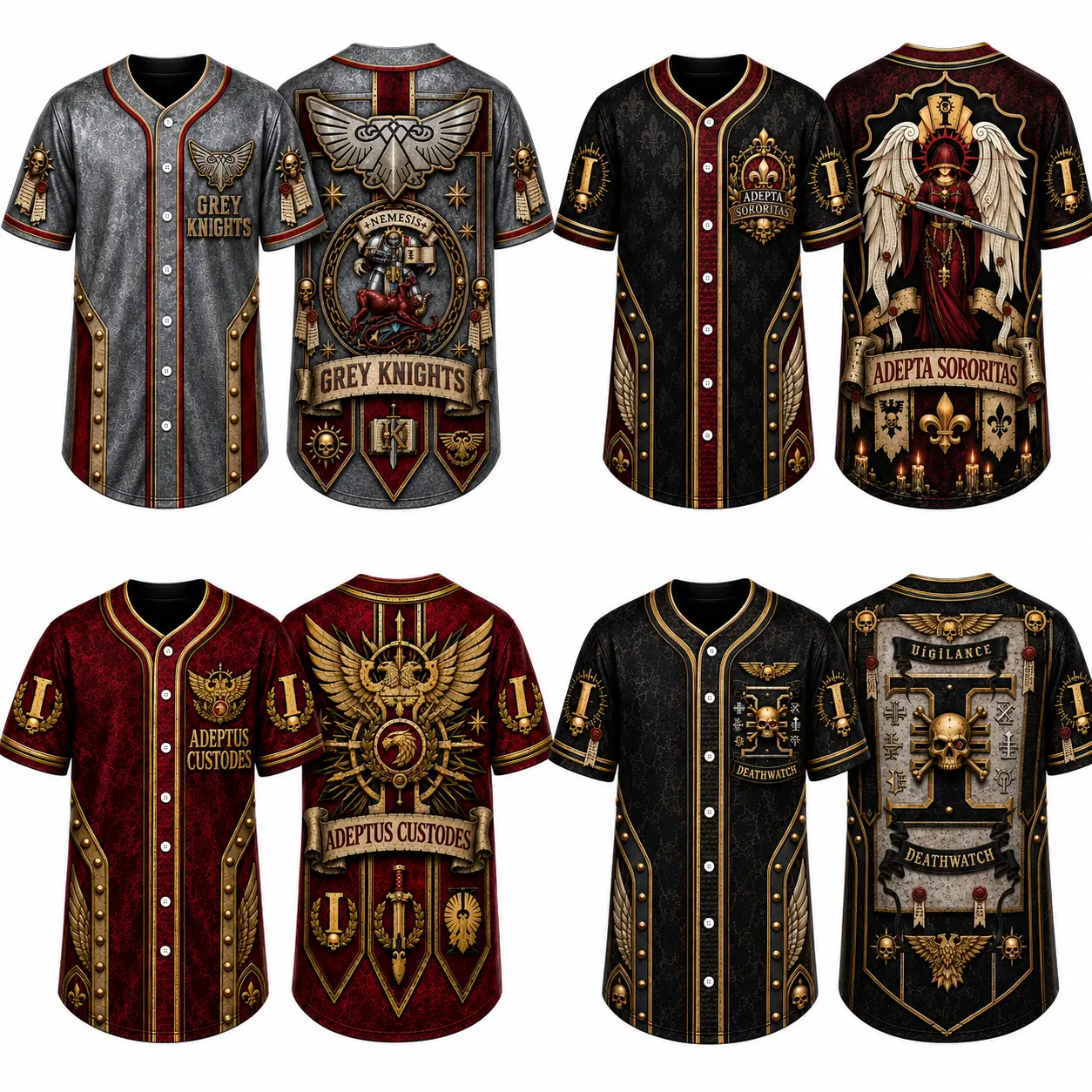 Warhammer 40K Imperium of Man Faction Baseball Jerseys - Choose Grey Knights, Adepta Sororitas Sisters of Battle, Adeptus Custodes, or Deathwatch - Epic Grimdark Button-Down Shirts for Tabletop Gamers