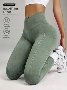Seamless High Elasticity Yoga Exercise Sports Criss-Cross Waist Sandwashed Sports Leggings