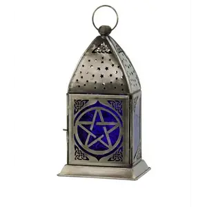 Glass & Metal Lantern Pentacle Cobalt & Purple With Stand