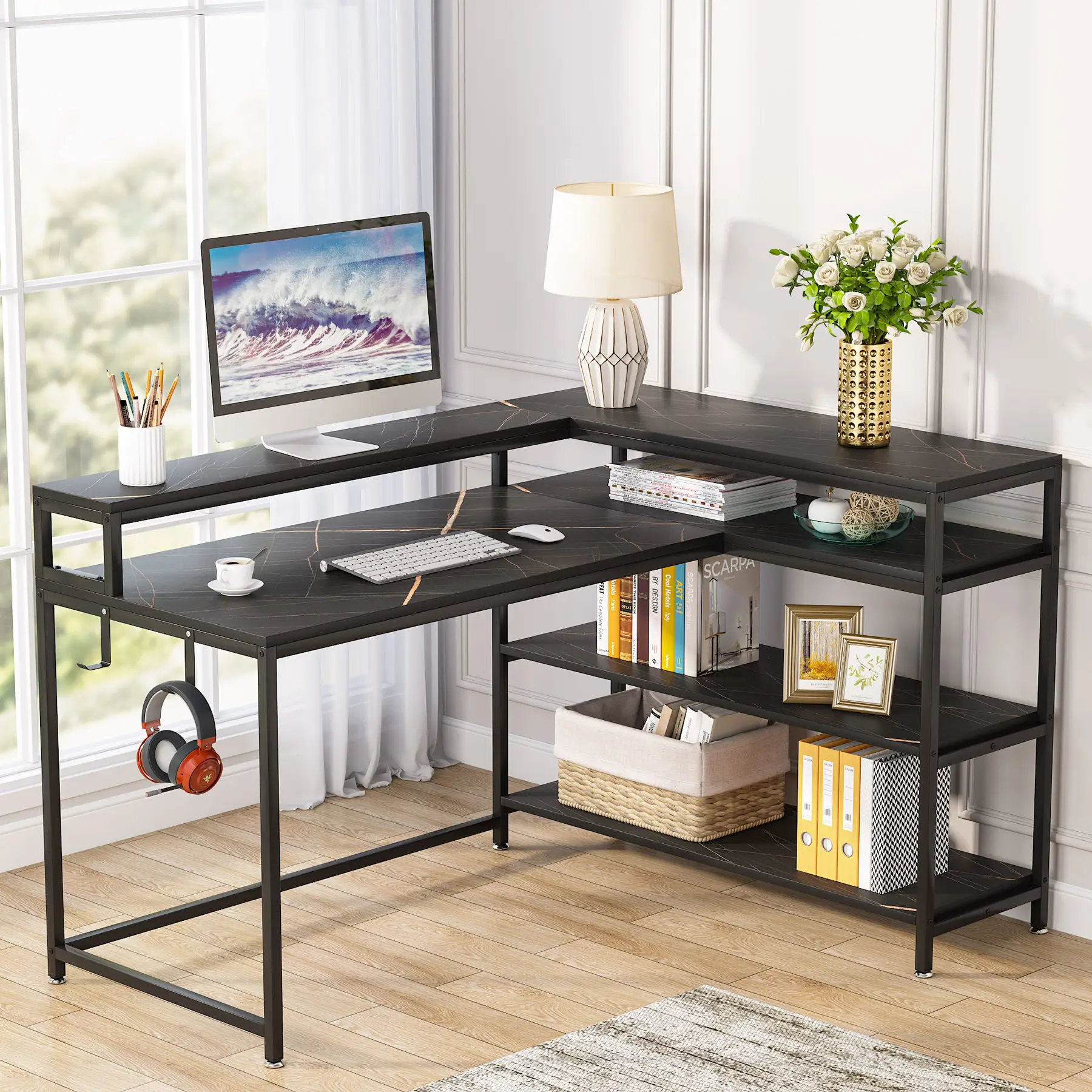 Tribesigns Small Black Reversible L Shaped Computer Desk with Storage Shelf and Monitor Stand, Gaming desk for bedroom (only Black)