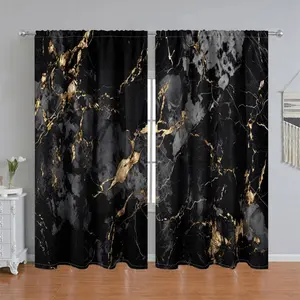 2Pcs Black Gold Marble Pattern Curtain Panel, Luxury Modern Style, Pole Pocket, Semi Sunshade, Suitable for Home Living Room, Bedroom, Balcony, Kitchen, Study Window Decoration, Accessory, Anti Privacy.