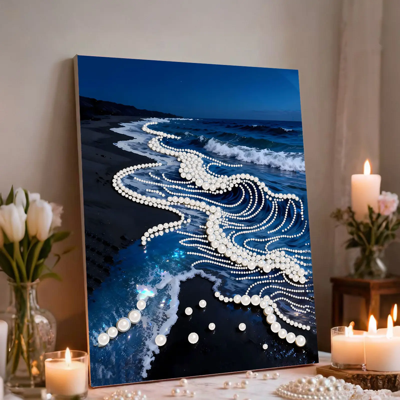 DIY Pearl Diamond Painting Blue Ocean Seascape Special Shaped Rhinestone Diamond Wall Art