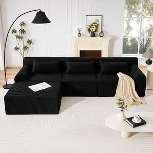 116-Inch Modern Modular Cloud Couch, L-Shaped Oversized Corduroy Boneless Sofa with Deep Seat & Movable Ottoman, No-Assembly Indoor Living Room Furniture