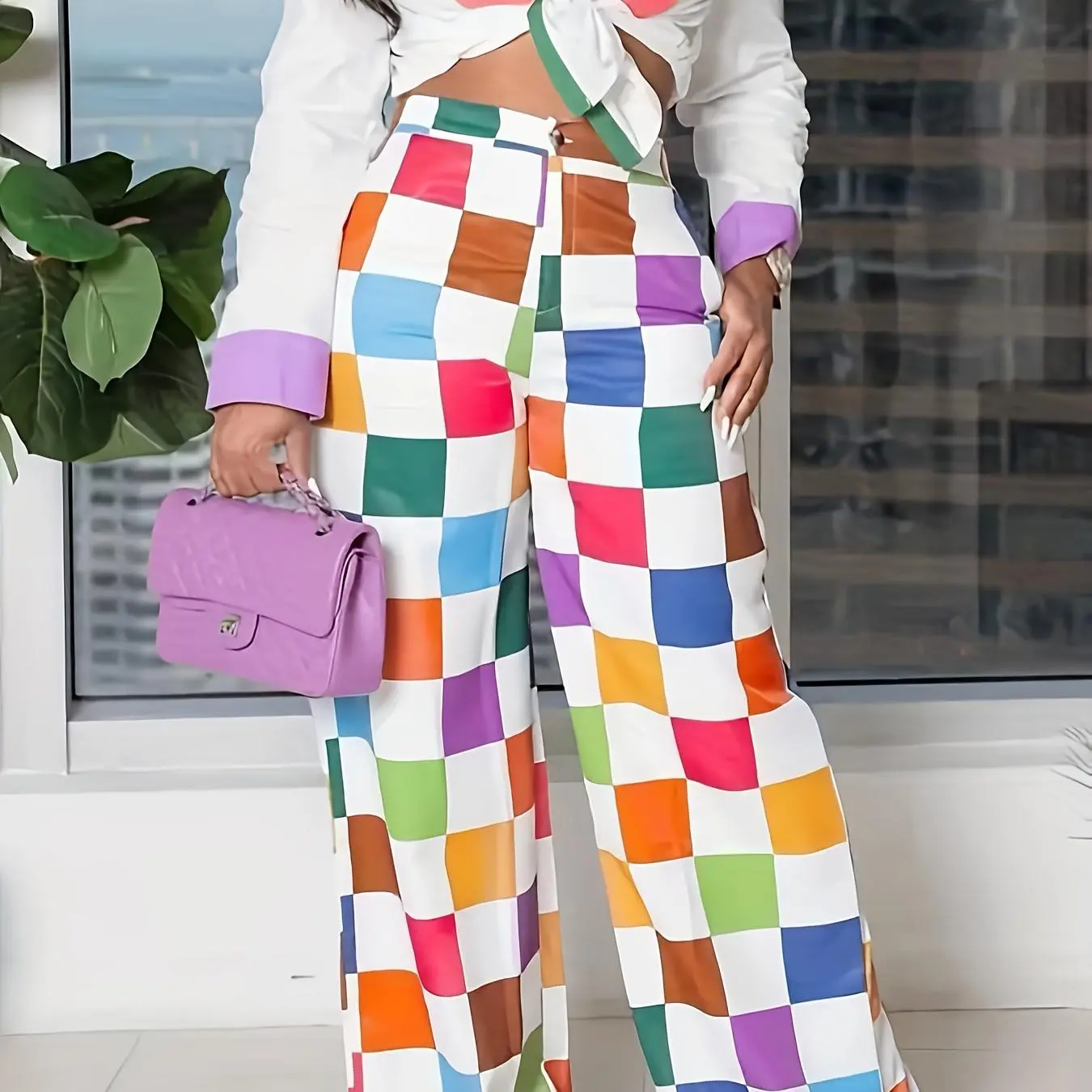 Plus Size Checkered Print Lapel Long Sleeved Button down Shirt and Wide Leg Pants Two-piece Set