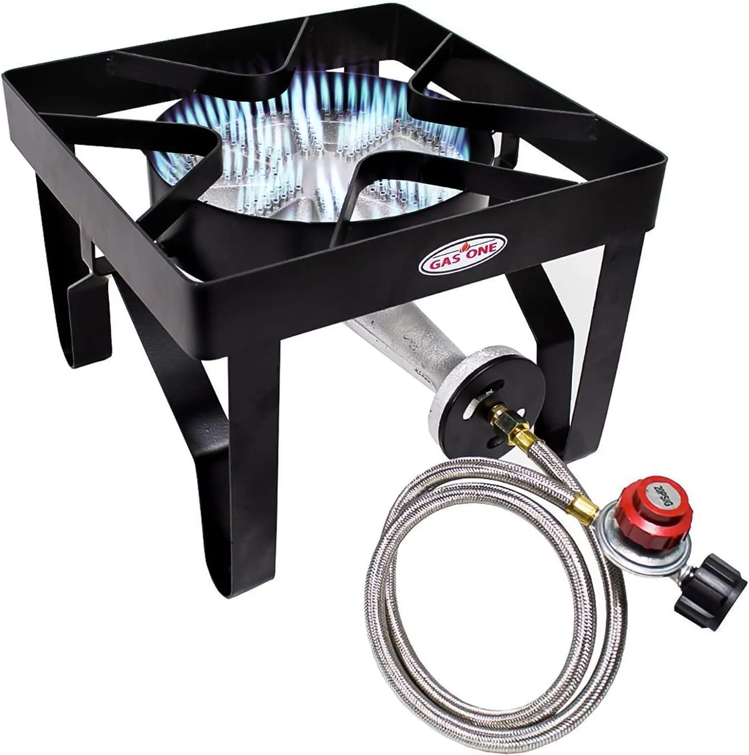 GasOne 200K BTU Heavy-Duty Propane Burner with Adjustable 0-20 PSI Regulator & Steel Braided Hose for Outdoor Cooking