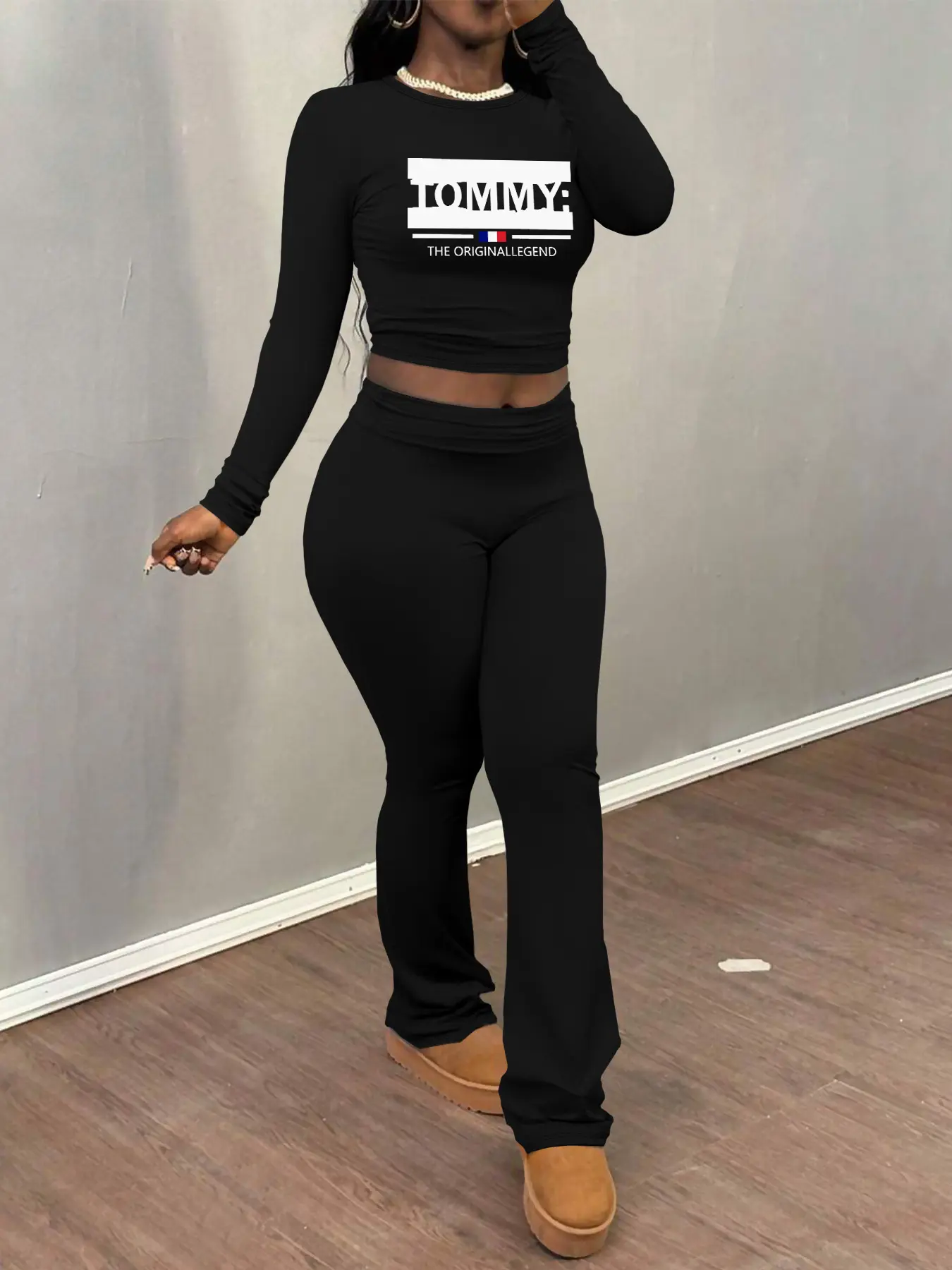 TOMMY letter print Women's Letter Print Crop Top Set, Casual Fall & Winter, Tight-Fitting Long Sleeve Shirt + Flare Pants, Home Wear