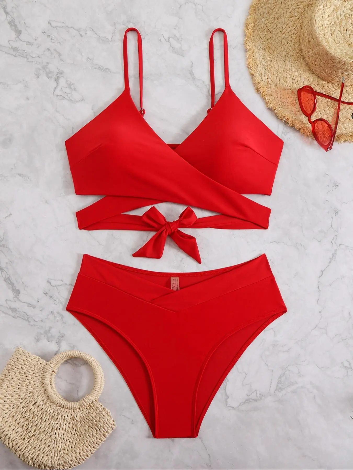 【Plus Size】Solid High Stretch Bikini Set, Stretchy Swimsuit Bikini, Tie Back Bikinis, Triangle Bikini Top & High Waist Swim Knicker, Women's Swimwear for Beach Holiday Vacation