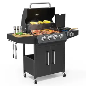 ROVSUN 3-Burner Propane Gas BBQ Grill with Side Burner & Enameled Cast Iron Grates, 46,000 BTU Barbecue Grill with Wheels for Outdoor Patio Backyard Cooking Grilling, Black