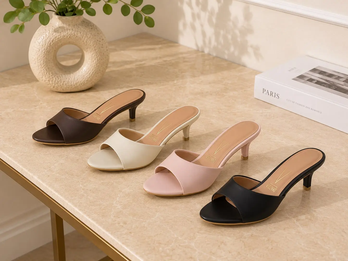 Vizzano Women’s Elegant Kitten Heel Slide Sandals - Open-Toe, Slip-On Design for Casual & Formal Occasions