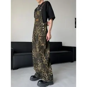 American Retro Leopard Print Overalls Loose Jeans Wide Leg Pants Men Summer Design Sensation Workwear Floor-Length Trousers