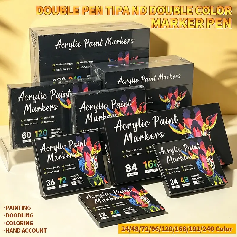 Dual Tip Dual Color Acrylic Paint Markers Set, 24/48/72/96/120/168/192/240 Colors, Waterproof Fast-Drying, Art Supplies, DIY Crafts, Professional Drawing