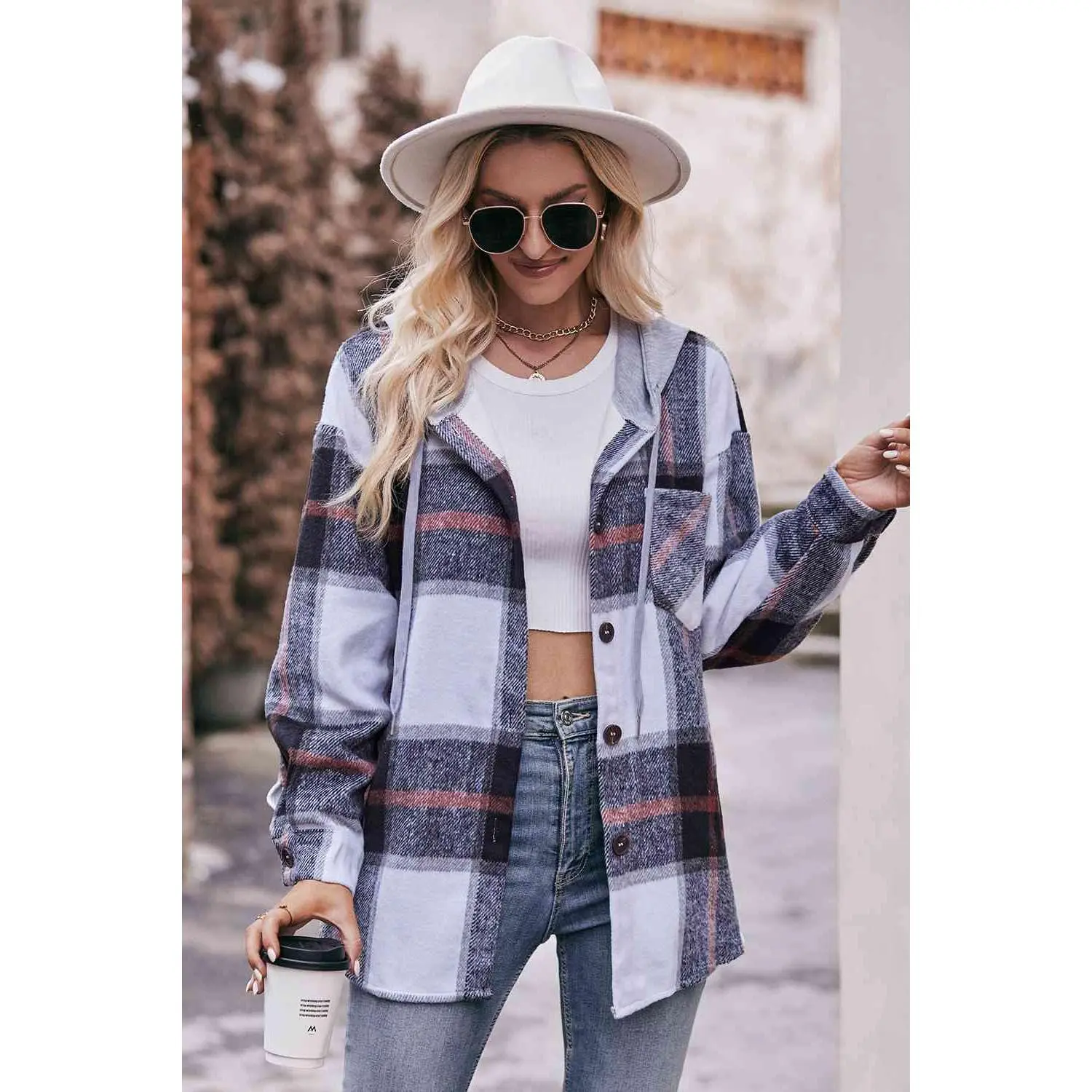 Plaid Dropped Shoulder Hooded Jacket