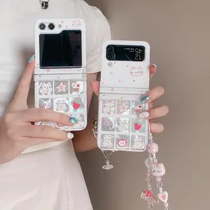 For Samsung Galaxy Z Flip7  6 5 4 3 Nine Grid Cat Phone Case For Samsung Flip 6 Phone Strap Phone Lanyard Shockproof Hard Cover
