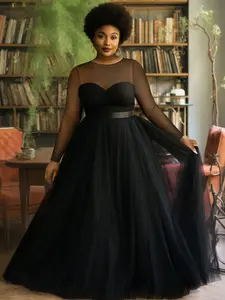 Women's Fashionable Mesh Long Dress, Slim-Fitting Round Neck Formal Party Gown, Elegant Holiday Evening Wear, New Arrival