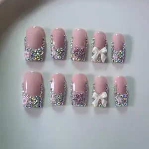Hailey's square shape pink gems cat bows french tips acrylic handmade press on nails A13