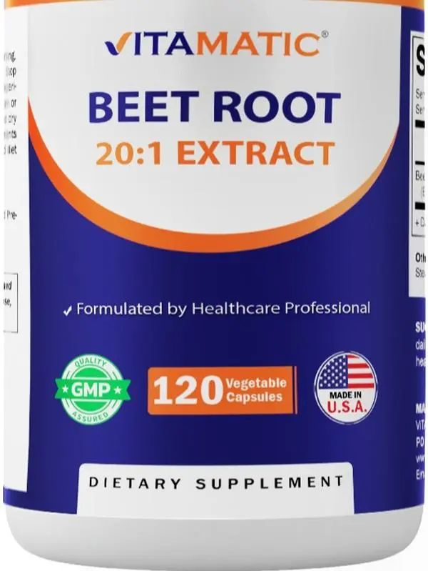 Vitamatic Edible Beetroot Capsules - 20:1 Beta Vulgaris Extract, 800 mg Per Serving, Nitric Oxide & Energy Support, No Artificial Flavor, Non-GMO, Gluten Free, 120 Veggie Capsules, Made in USA Dietary Supplement