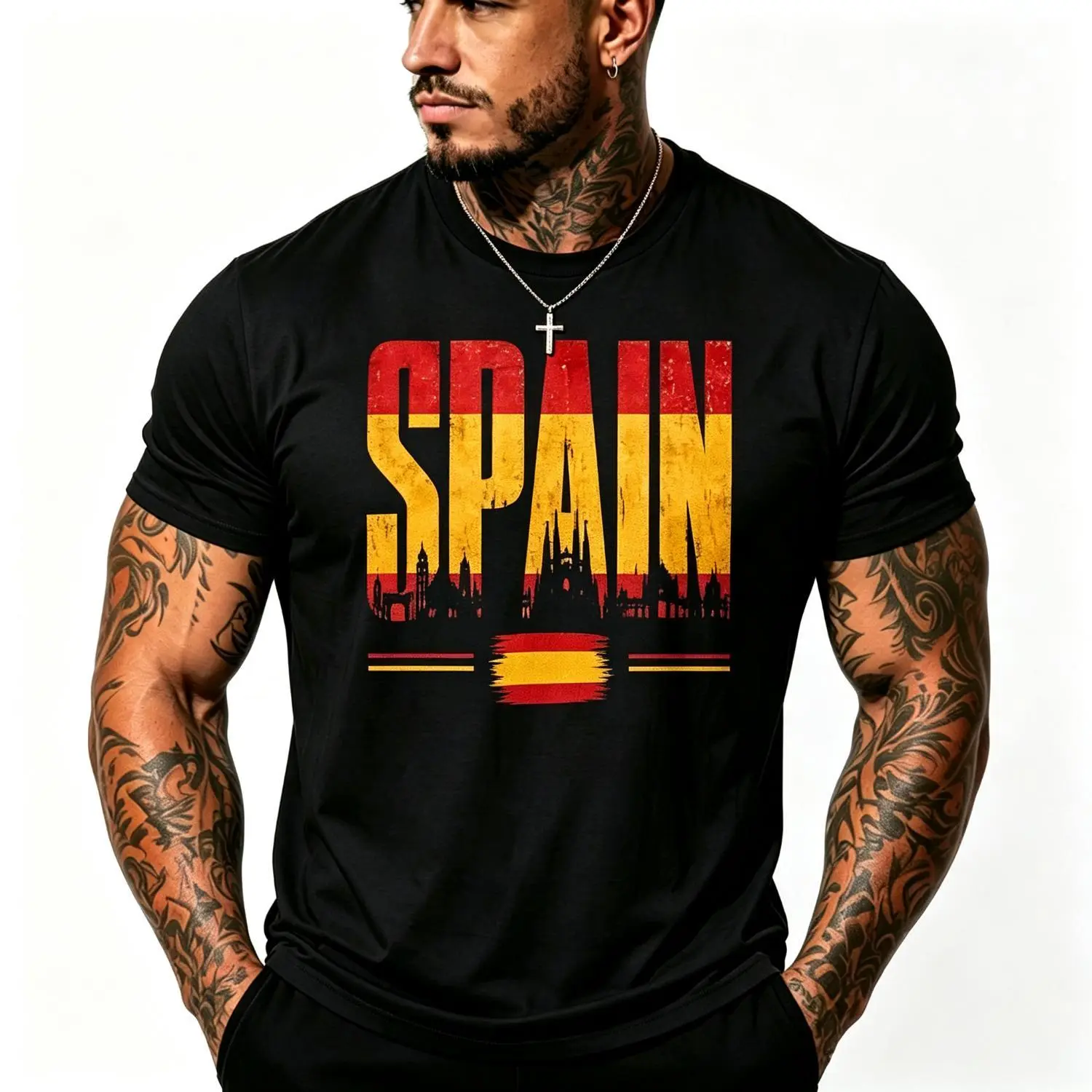 Vintage Spain National Flag Silhouette Cotton T-shirt Spanish Heritage Gift Distressed Spain Flag Graphic Cotton T-shirt Retro Landmark Skyline Patriotic Casual Cotton T-shirt For Men Country Pride Gift For Travelers