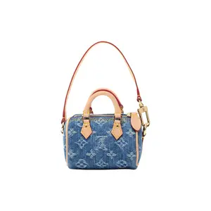 Louis Vuitton Speedy Detachable Strap Drawstring Bucket Bag for Women – Ultra-Mini Denim Pillow Style in Light Pink and Blue