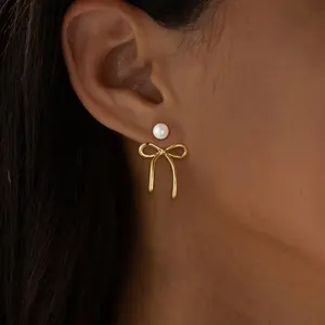 ASCOMY 14k Gold Plated Pearl Earrings Fashion Bow Earrings Cute Dangling Hypoallergenic Lightweight Earrings Pearl Earrings Jewelry Gift for Women
