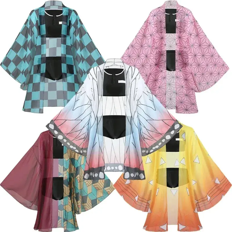 Women's Anime Demon Kamado Tanjirou & Agatsuma Zenitsu Cosplay Chiffon Bikini, Kimono-Inspired Beach Summer Halloween Swimwear