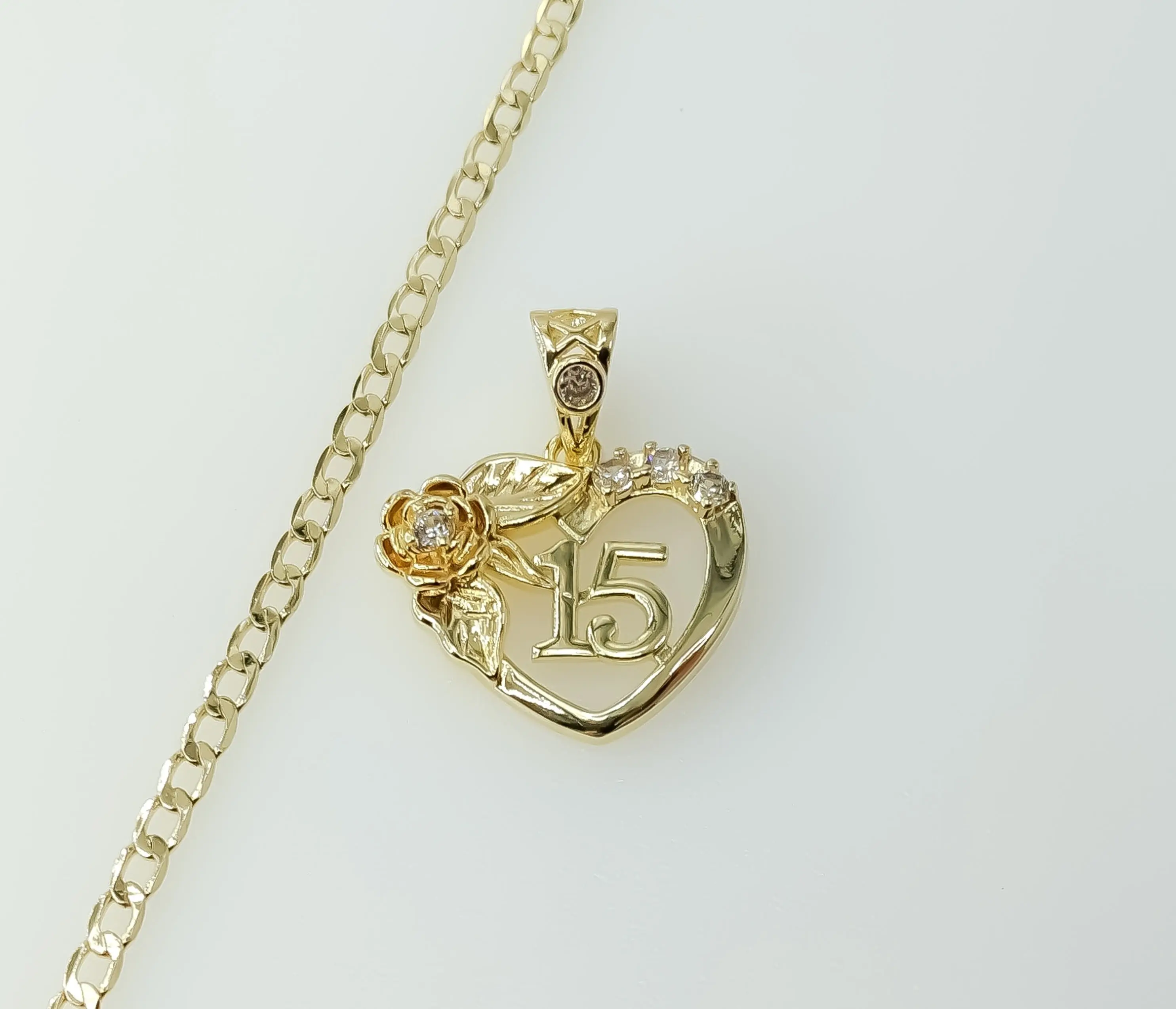 Plated Dainty Heart "My 15" Quince 14K 3mm Cuban Chain Necklace