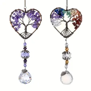 1pc Rainbow Crystal Sun Catcher, Tree Of Life Suncatchers Heart Shaped Hanging Ornament Chakra Stones Window Crystal Ball Prism Pendant Garden Home Car Decor Hanging Wind Chime