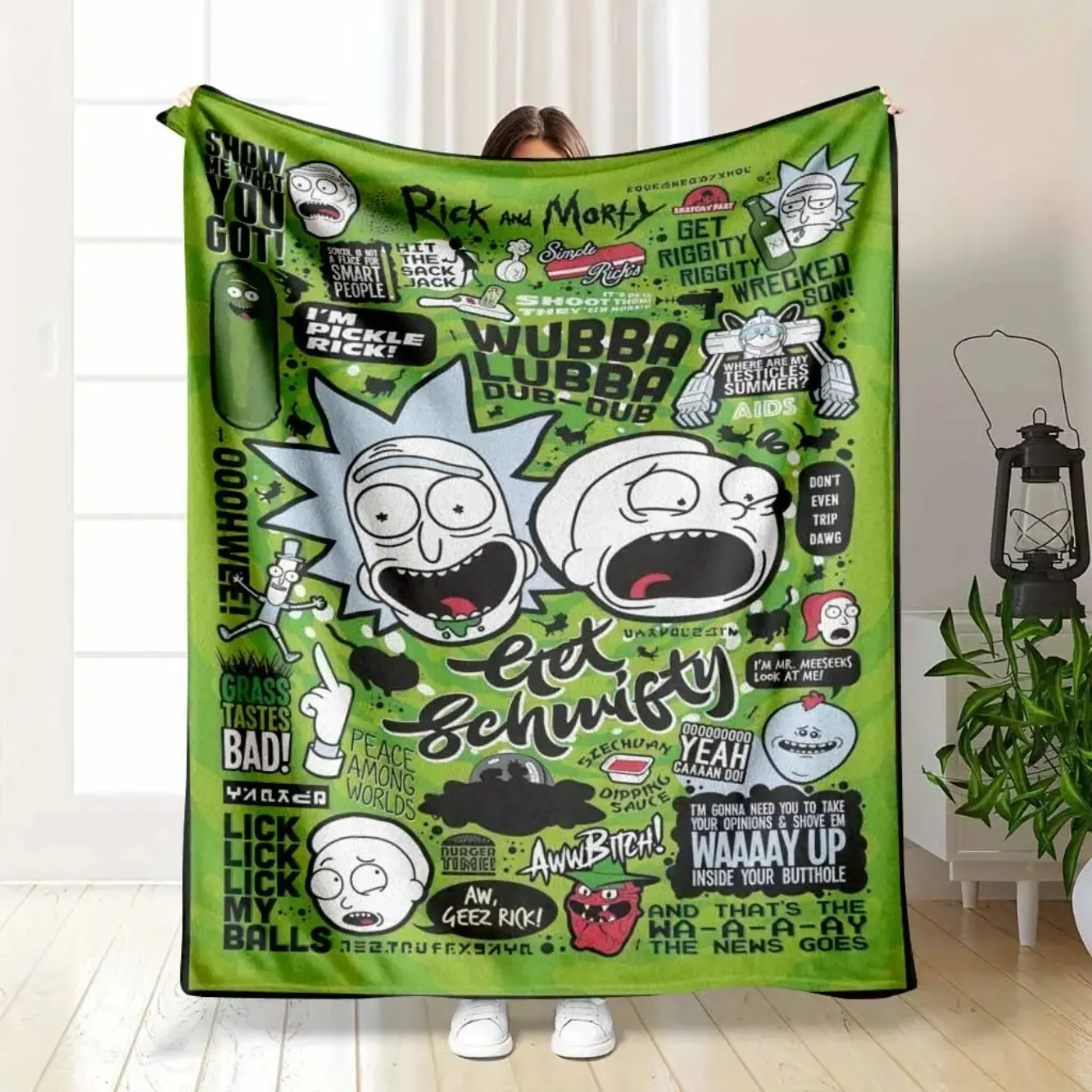 Summerwins Fuzzy Rick & Morty Cartoon Theme Throw Blanket - Green Graffiti Art, Pickle Rick, Get Schwifty, Wubba Lubba Dub Dub Print, Cozy Leisure Soft Fluffy Blanket, Fuzzy Softness, Wrinkle Resistant, Ideal for Indoor Use, Teenage Boy Gifts