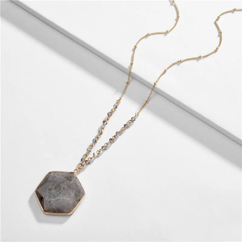 Natural Labradorite Stone Pendant Necklace, Hexagon Half Circle Boho Style Long Chain Necklace