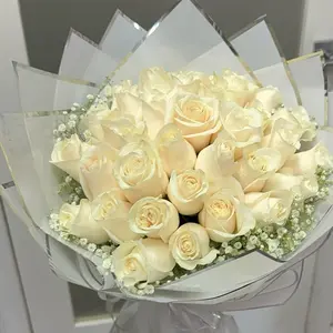 White 50 Wrap Bouquet of Elegant Cream Roses with Delicate Baby's Breath for Special Occasions Perfect for Celebrations