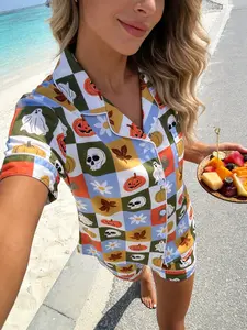 Women's Short Sleeve Pyjama Set, Halloween Pumpkin Skull Full Print, Casual Slim Fit Home Wear, Comfortable Breathable Sleepwear