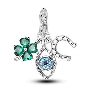MULA Sterling Silver Lucky Charm with Four Leaf Clover, Evil Eye and Horseshoe CZ Crystal, Meaningful Gift for Women and Girls
